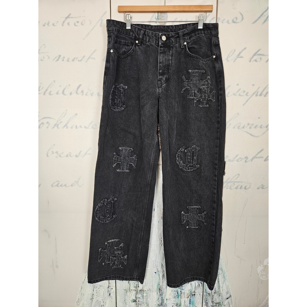 Cernucci Baggy Jeans 34 Washed Black Distressed Cross Patch Gothic Streetwear